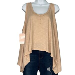 DressUp Top Women’s Hi-Lo Sleeveless Raw Edge Three Button Beige Top Size-L